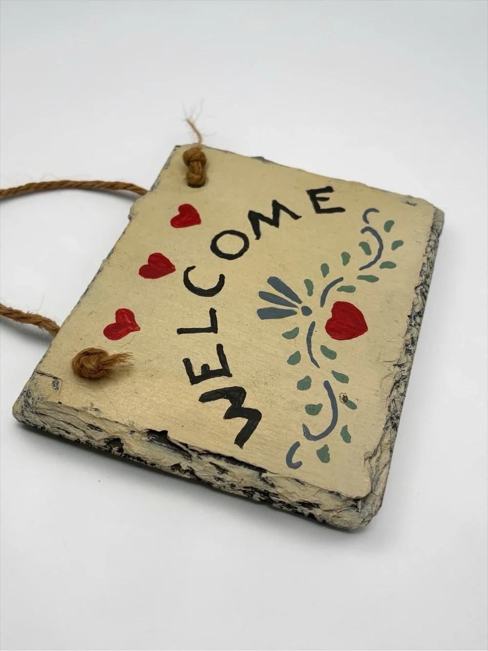 Vintage 80s-90s Hand Painted Slate Welcome Sign w/ Hearts Folk Art Ready To Hang
